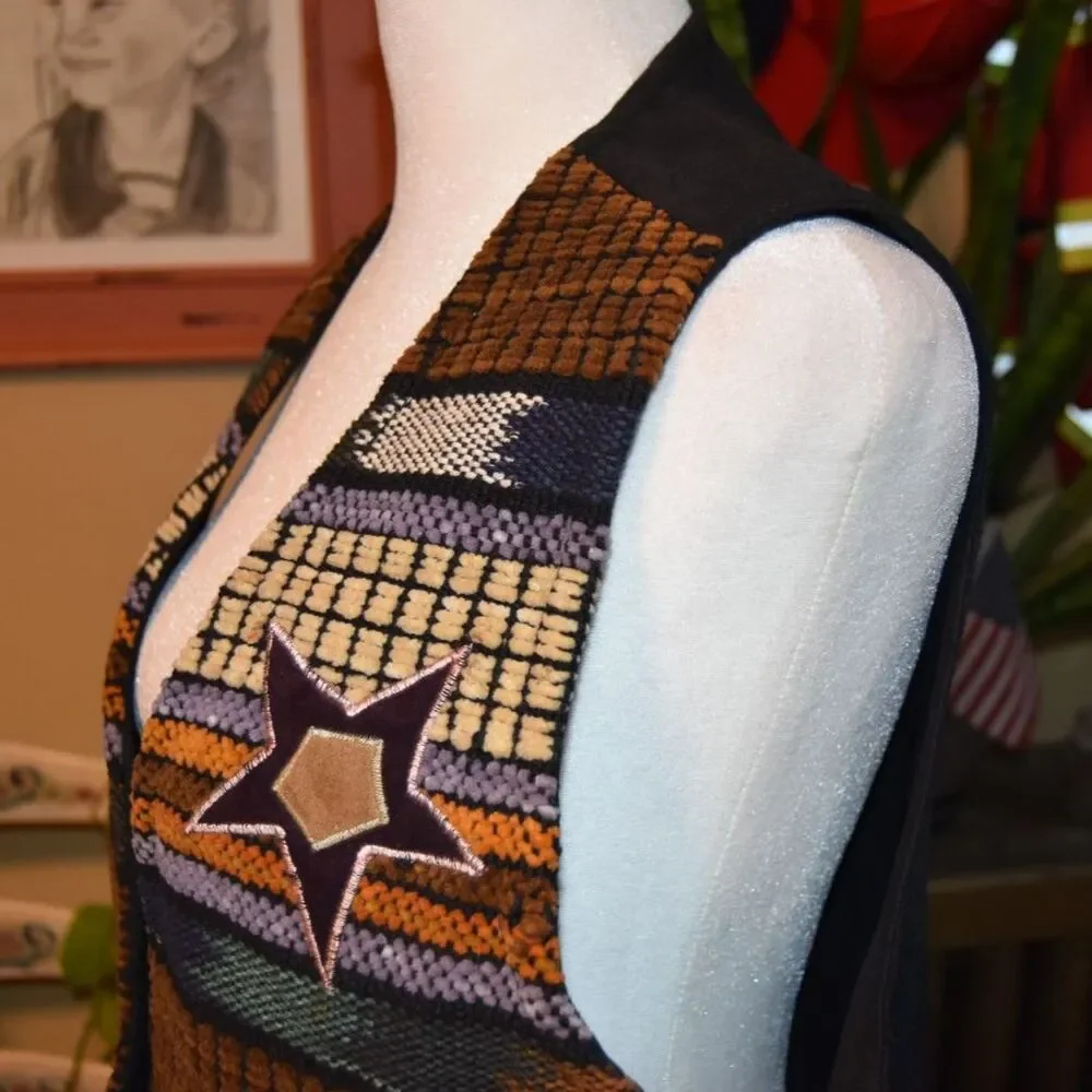 Vintage 80s Jane Ashley Boho Western Tapestry Vest Stars Cinched Back Size Med